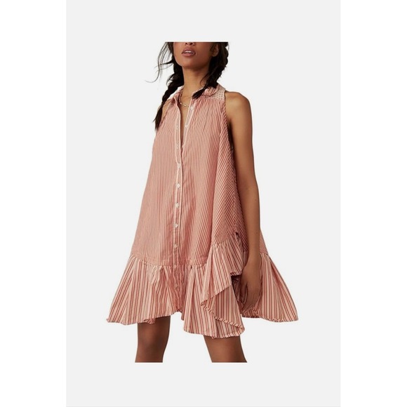 Free People Dresses & Skirts - Free People Sleeveless Striped Ruffle Mini Dress Orange Cream Cotton Small NEW